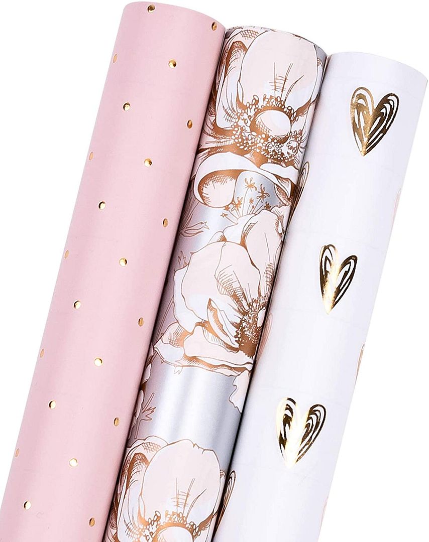 MAYPLUSS Wrapping Paper Roll - Mini Roll - 17.3 inch X 120 inch Per roll -  3 Different Pinke and Gray Floral Design (43.2 sq.ft.ttl)